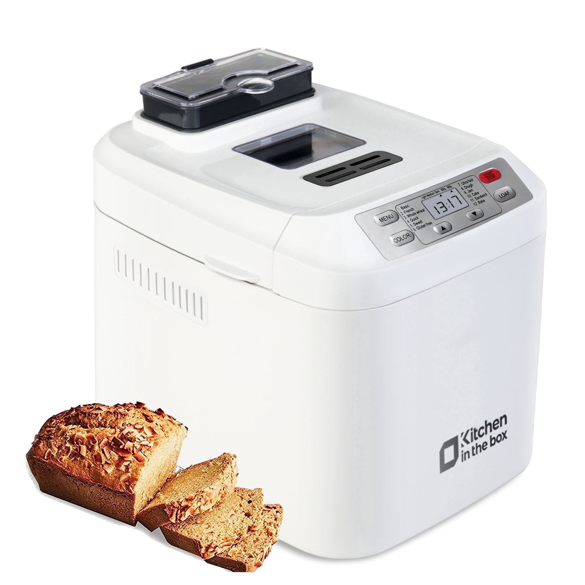 Kitchen in the Box 2lb Bread Maker with Auto Fruit Nut Dispenser, 12-in-1 Gluten-Free Bread Machine, 13H Delay Timer, Nonstick Pan, Keep Warm, White