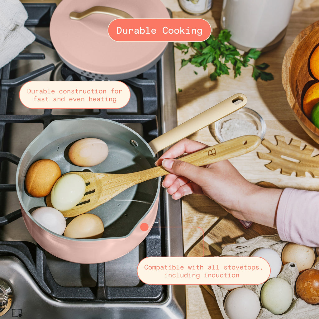 Beautiful 12-Piece Cookware Set, Pots and Pans with Strainer Lids and EverGood Ceramic Nonstick Coating, White Icing by Drew Barrymore