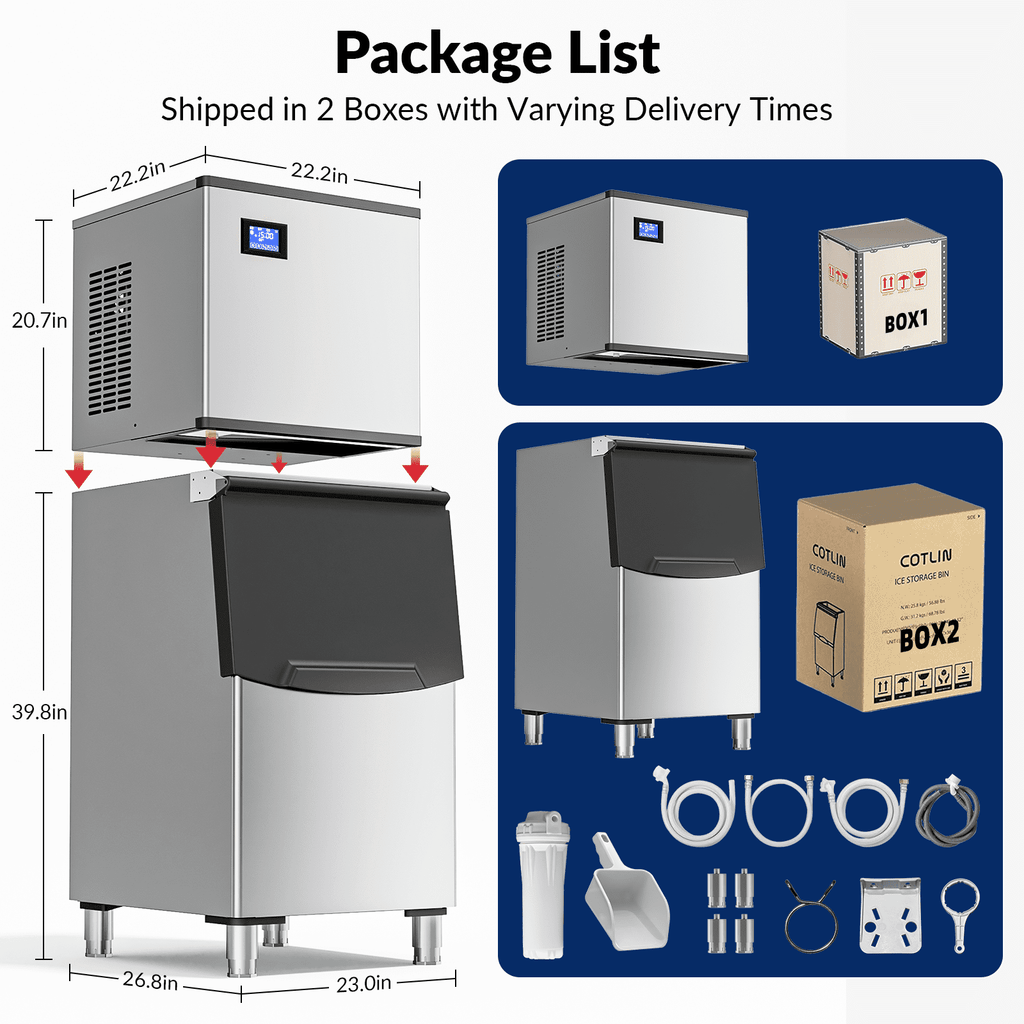 RIOXC Split Commercial Ice Maker Machine 650LBS/24H with 350lbs Ice Bin, Nugget Ice Makers Commercial, Clear Cube Pellet Ice Maker, Fast Ice Maker Ice-Ready in 8-15mins
