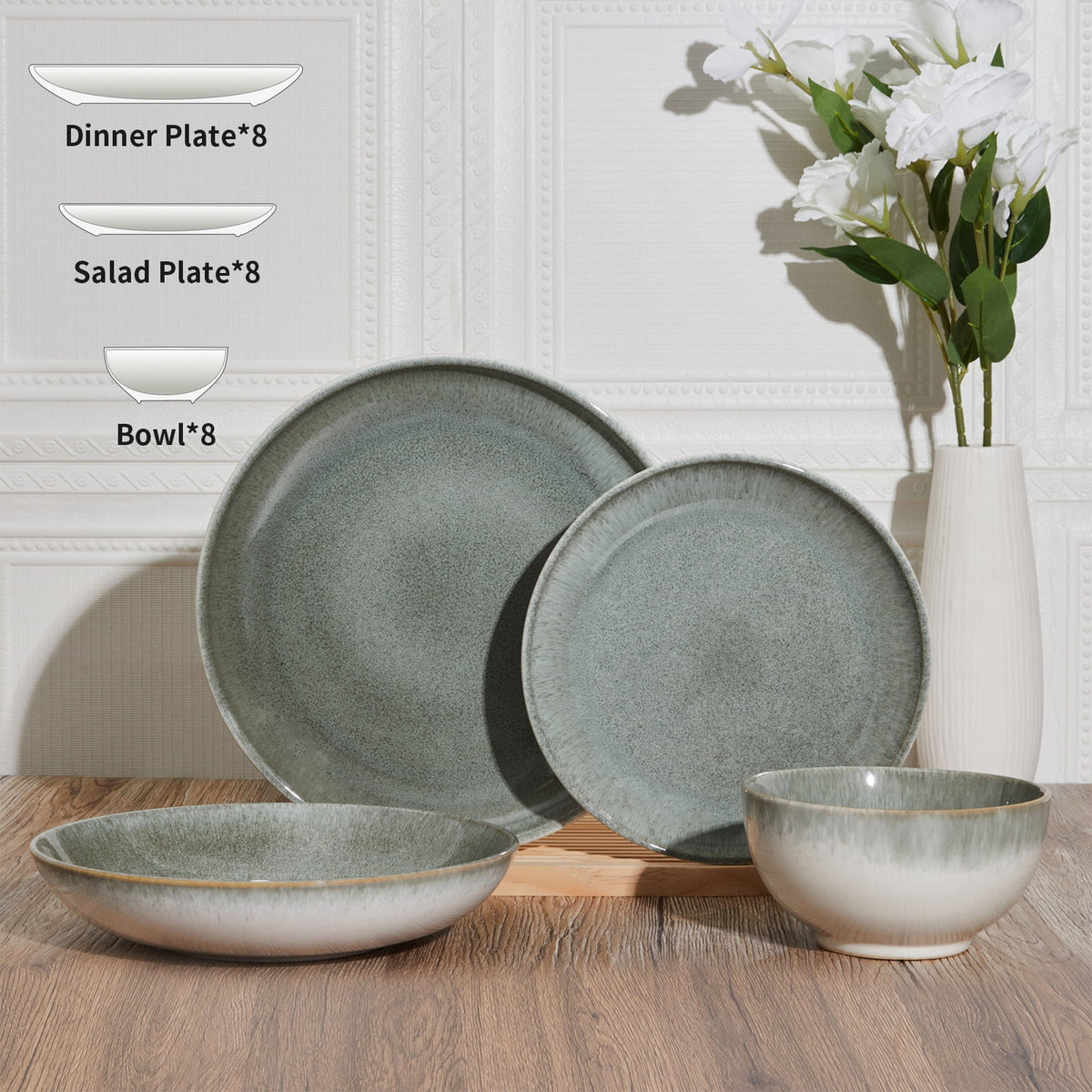 Pokini 12-Piece Stoneware Dinnerware Sets, Plates and Bowls Dish Sets for 4, Brown Green