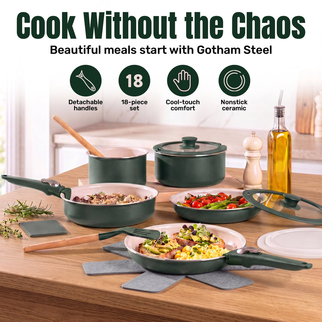 Gotham Steel 18 Pcs Pots and Pans set Non Stick, Ceramic Pan Cookware Set W/ Detachable Handle, RV Kitchen Cooking Set with Secure Lock Removable Handles, Oven Safe Nonstick Pan Set, Blue