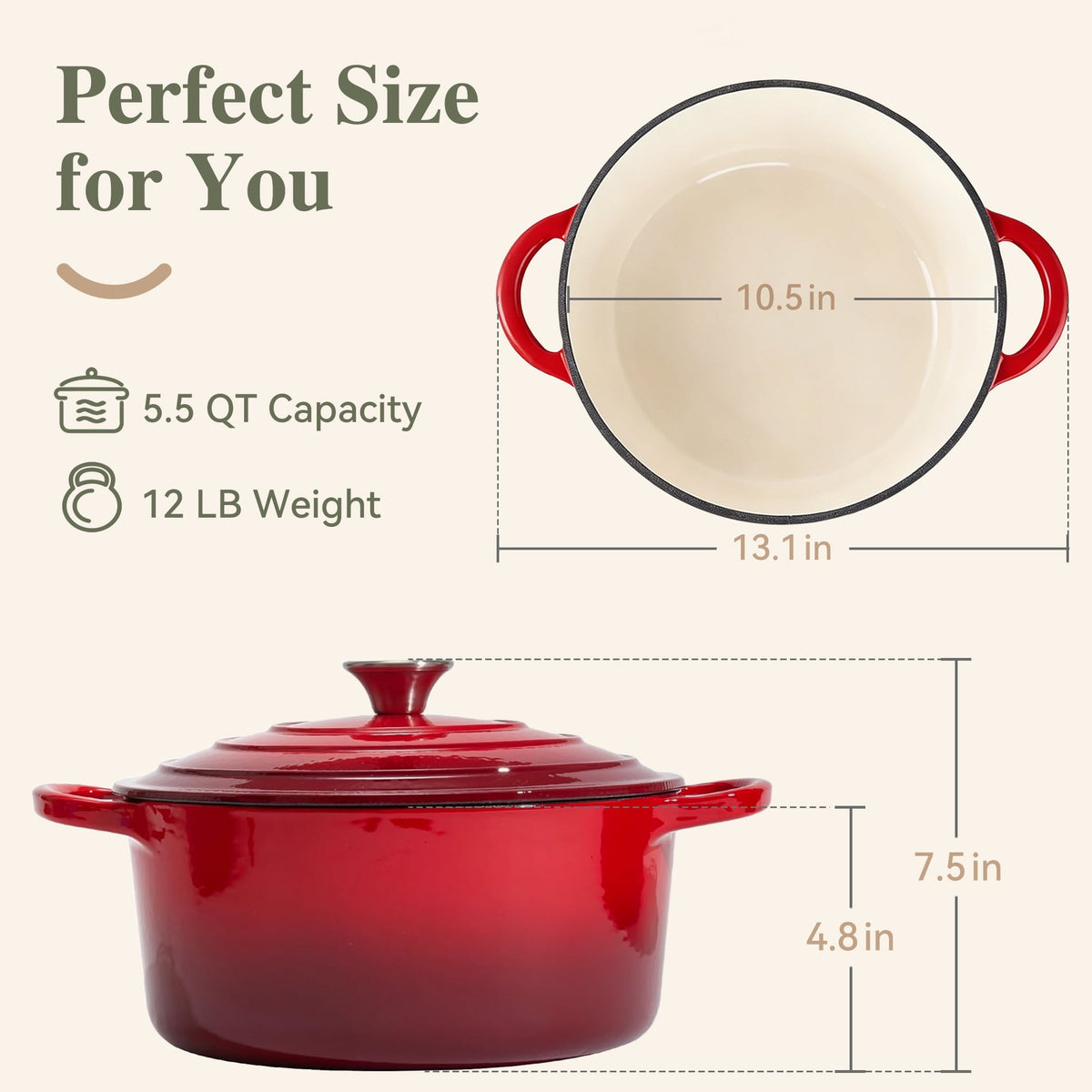 TINANA Enameled Cast Iron Dutch Oven, 5.5QT Pot with Lid and Cotton Potholders, Heavy-Duty Cookware for Braising, Stews, Roasting, Red