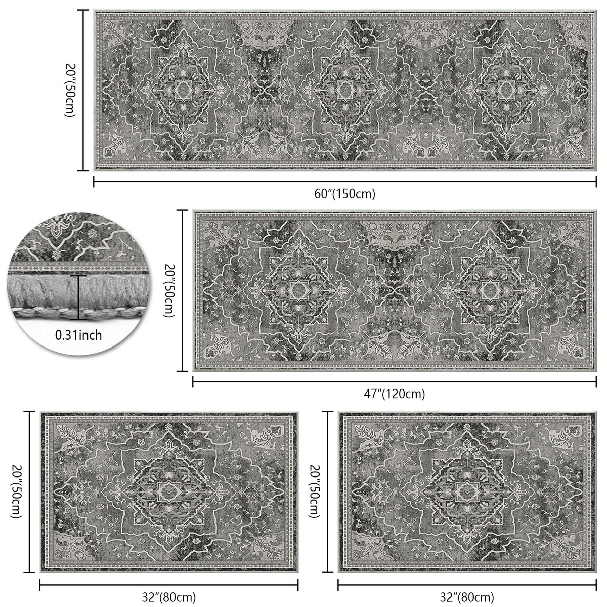TECHVIDA Kitchen Rug Set 3 Piece,Non Slip Machine Washable Kitchen Mats, Farmhouse Hallway Doormat for Home Floor and Living Room,Gray