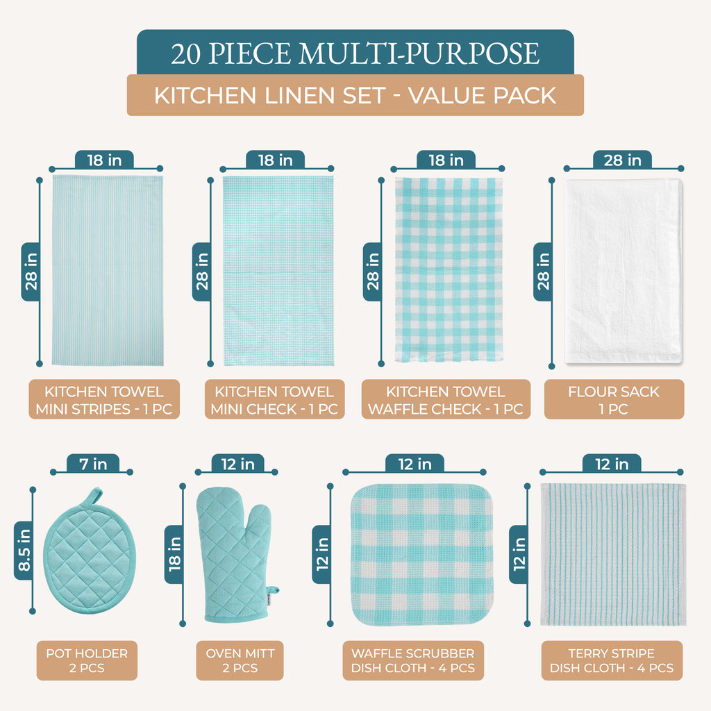 20 Piece Kitchen Towel Set - Cotton Dish Towels, Heat Resistant Kitchen Mittens and Pot Holder Set, Apron for Women with Pockets , Absorbent Dish Towels for Kitchen Drying - Olive
