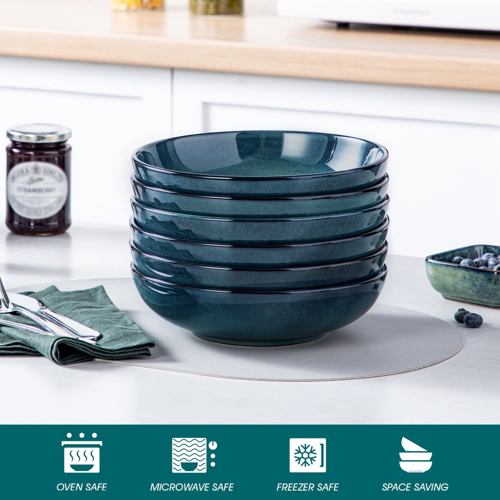 Malacasa Pasta Bowls Set of 6, 38 oz Procelain Salad Bowls, Large Serving Soup Bowls for Kitchen, Dishwasher & Microwave Safe, Green