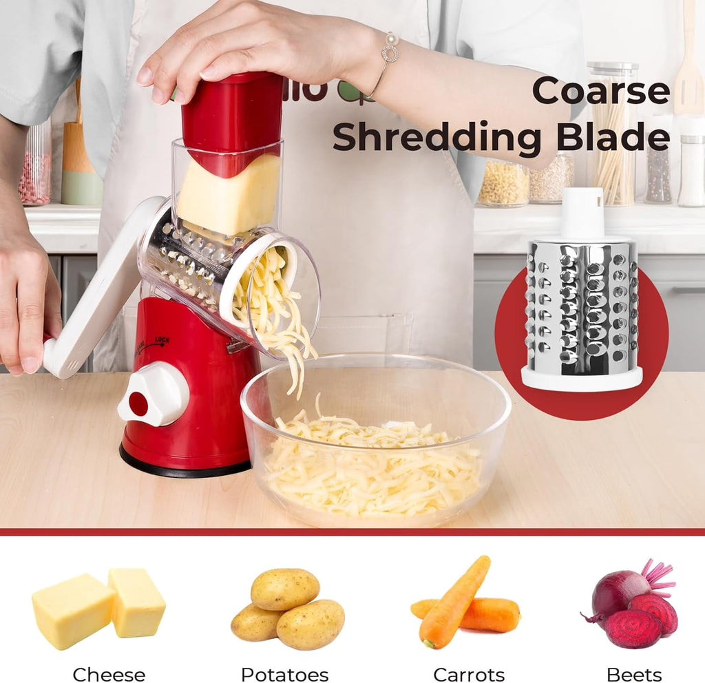 Premium Rotary Cheese Grater, Manual Cheese Grater for Kitchen, Handheld Vegetables Slicer Cheese Shredder with Rubber Suction Base, 3 Stainless Drum Blades Included,Blue