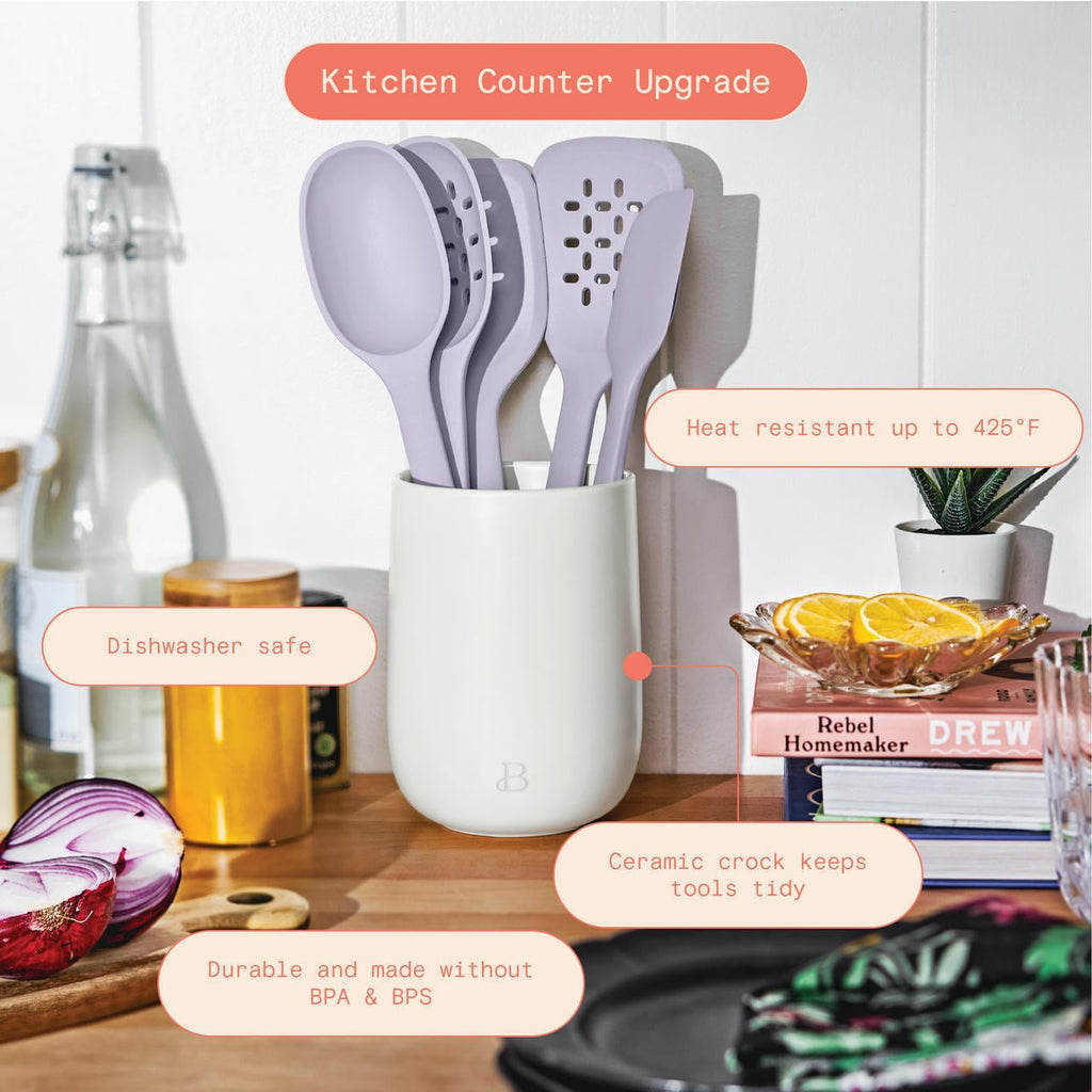 Beautiful 6-Piece Silicone Kitchen Tool Set with Ceramic Crock, Chocolate by Drew Barrymore