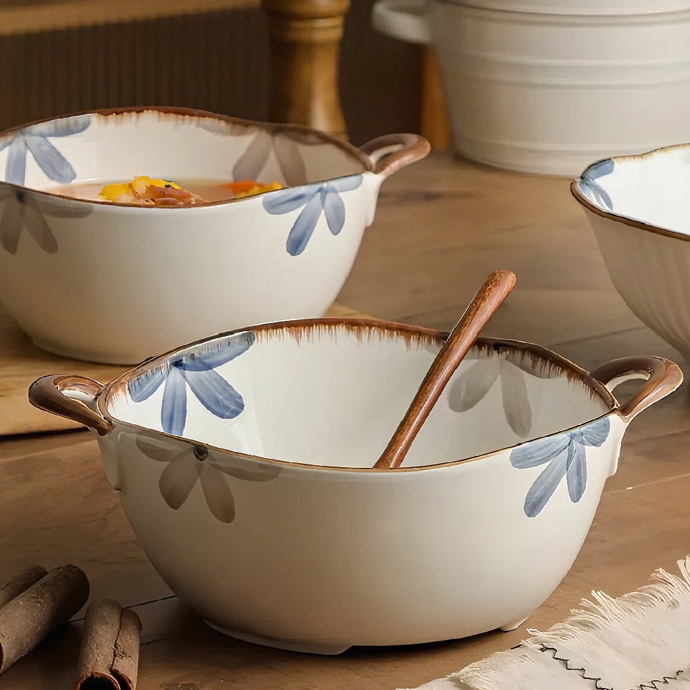 Serving Bowl 59oz Large Ceramic Soup Bowl with Handles Decorative Cereal Pasta Bowl for Salad and Ramen, Oven Dishwasher Safe Stoneware