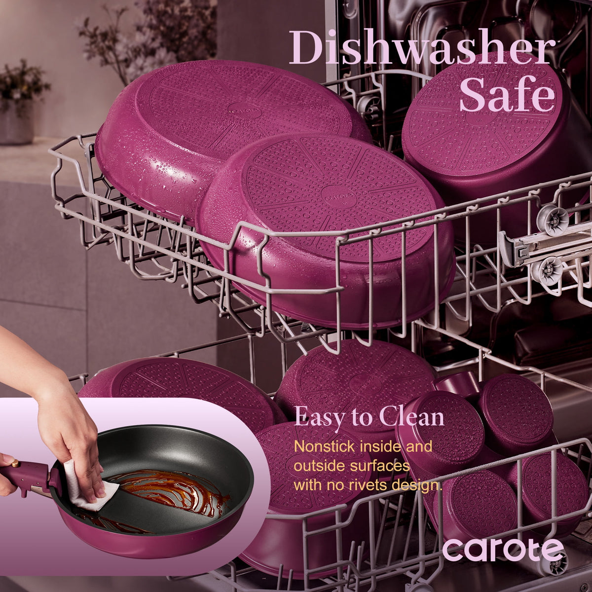 CAROTE 20 Pcs Nonstick Cookware Sets, Pots and Pans Set with Detachable Handles, Oven Safe, Induction Cookware, Stackable Kitchen Cooking Set, Ultra Violet