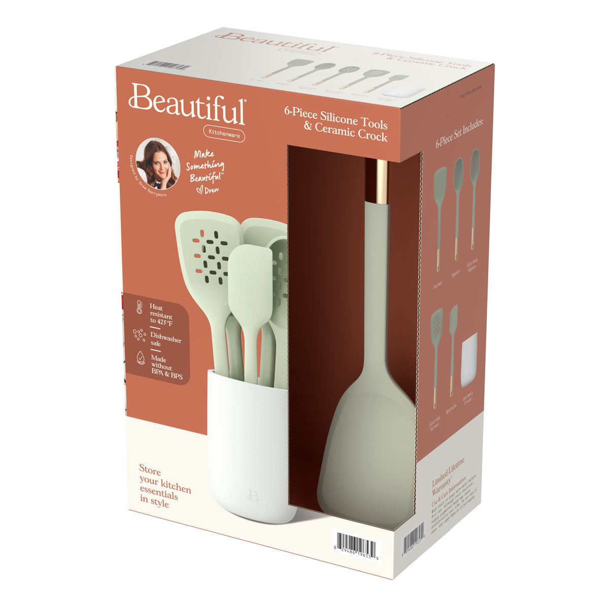 Beautiful 6-Piece Silicone Kitchen Tool Set with Ceramic Crock, Chocolate by Drew Barrymore