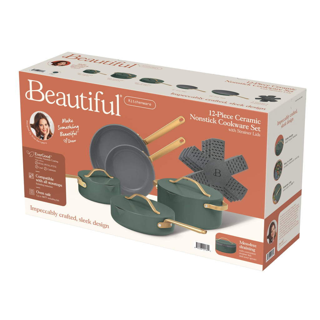 Beautiful 12-Piece Cookware Set, Pots and Pans with Strainer Lids and EverGood Ceramic Nonstick Coating, White Icing by Drew Barrymore