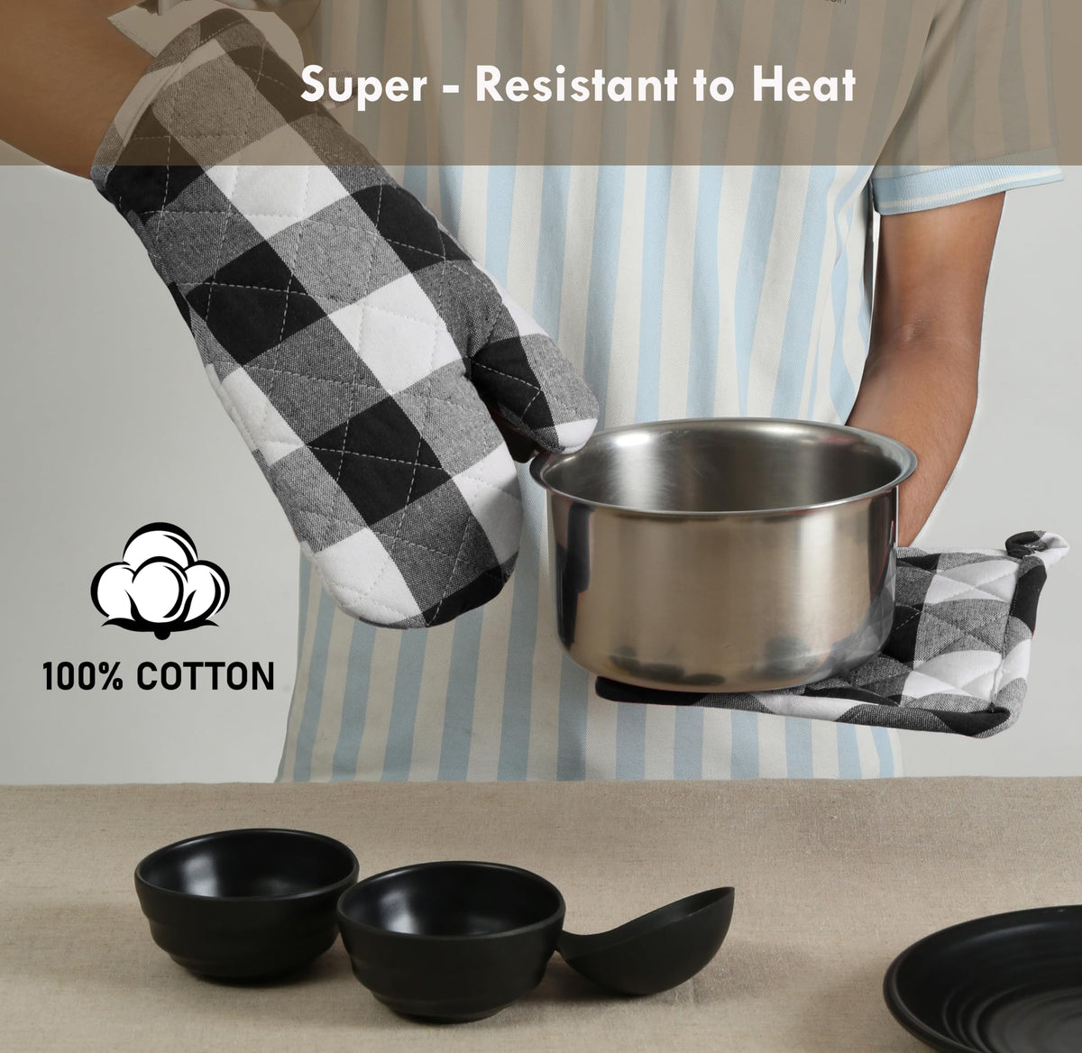Softopia Cotton Oven Mitt & Pot Holder Buffalo Plaid Check 100% Cotton Heat Resistant Oven Gloves (7"x13") & Hot Pads (8"x8") Combo for Baking, Cooking - Black