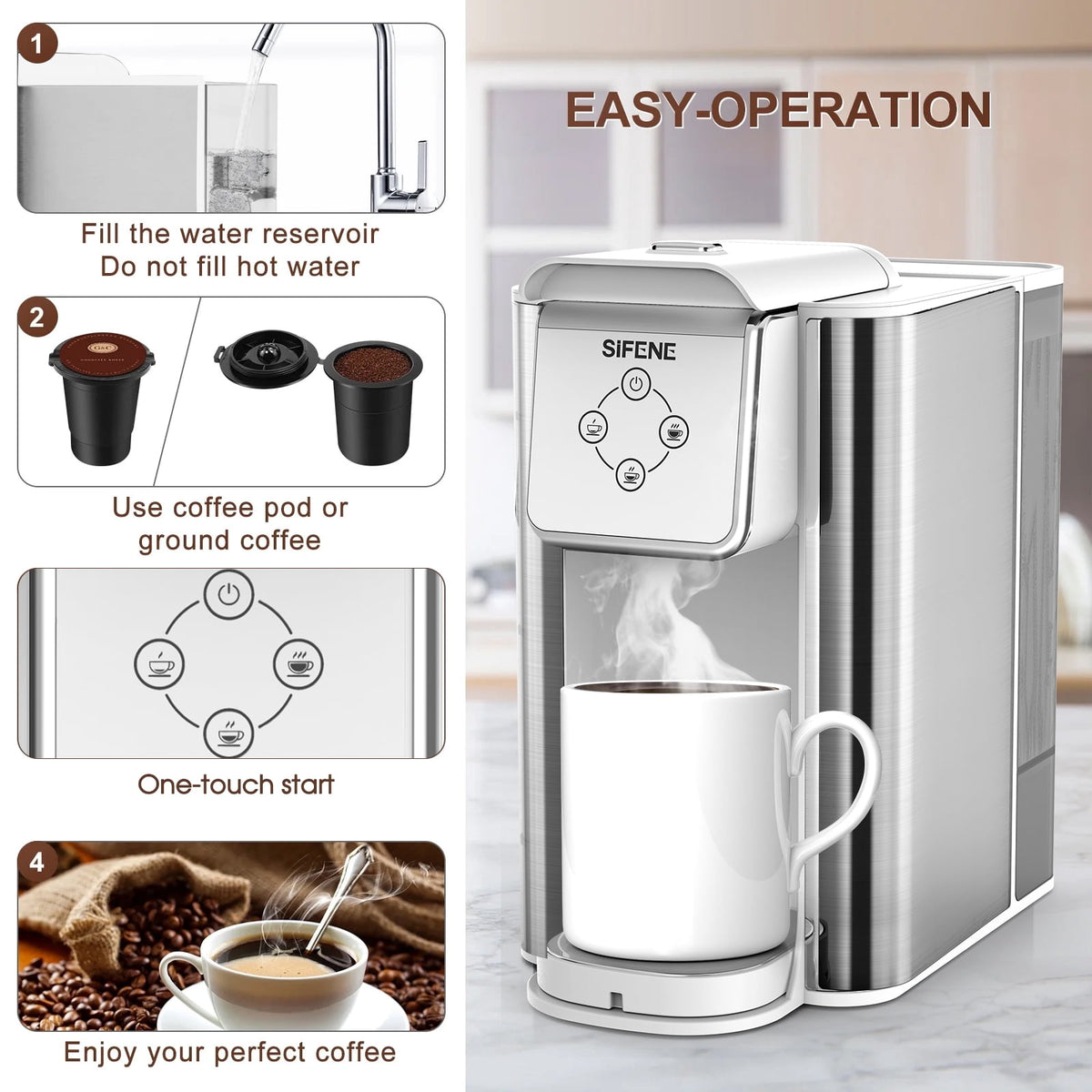 SIFENE 3-in-1 Single Serve Coffee Maker, Compatible with K Cup Capsules & Grounds, Tea Maker, 6-10 Oz Brew Sizes, 50 Oz Removable Reservoir, Fast Brew, Compact Design, 120V 1150W, Black