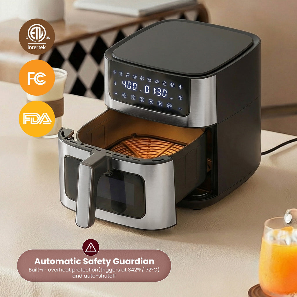 EDX 6QT Stainless Steel Air Fryer with Digital Touchscreen, 1500W, 8 Presets, Dishwasher Safe Basket, 90 Min Timer, 24H Delay Start, Gray