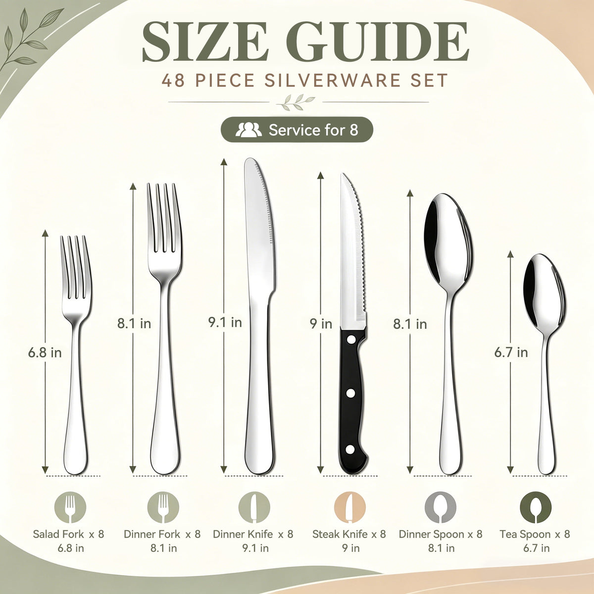 TINANA Silverware Sets, 48 PCS Flatware Set for 8, Stainless Steel Cutlery Utensil Set with Steak Knives Mirror Polished Forks and Spoons, Silver