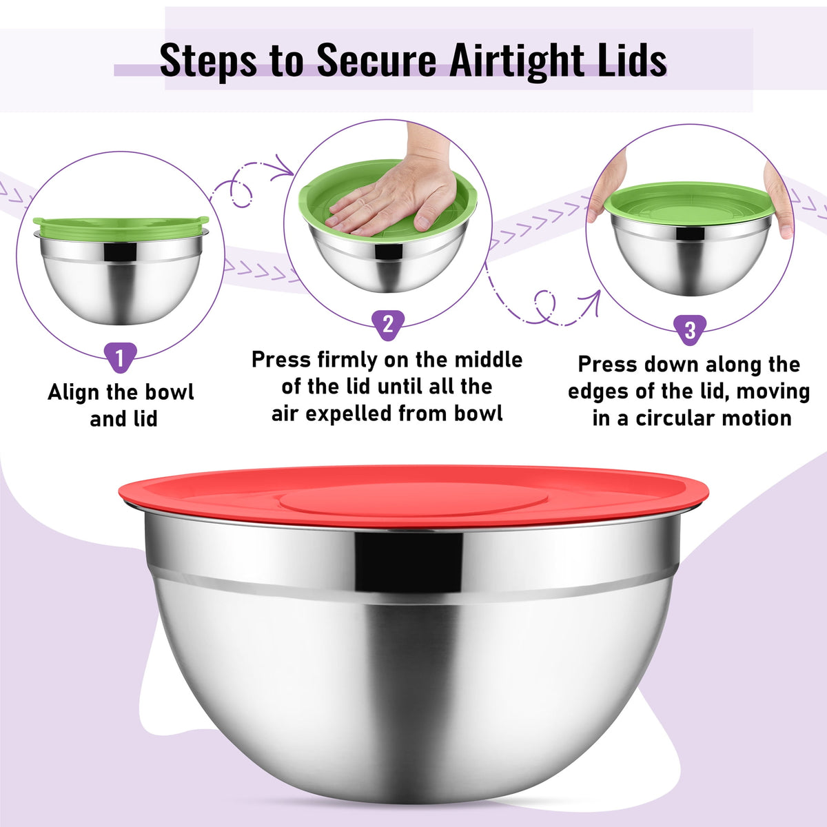 Mixing Bowls with Lids Set of 9, Vesteel Stainless Steel Mixing Bowls Metal Nesting Salad Bowls Attach with 3 Graters for Kitchen Grating/ Shredding, Size 4.6, 2.6, 2, 1.5, 1, 0.7 QT - Multi-Color