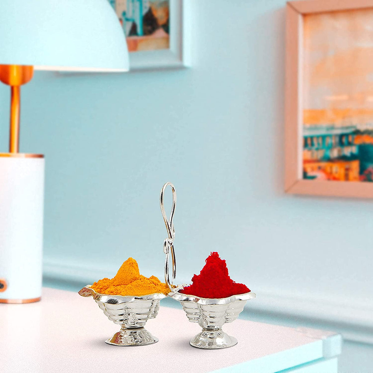 Shubhkart Pack of 3 Silver Plated Haldi Kumkum Holder Stand Set for Puja, Home, Office Décor, Diwali Gift, Festive Gift