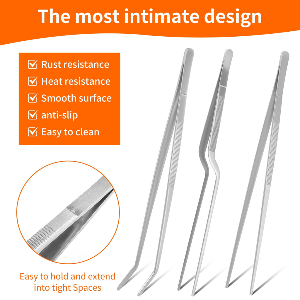3 Pcs 12-inch Kitchen Tweezers Precision Serrated Tips Cooking Tweezers Stainless Steel Nonslip Professional Chef Tools Kitchen Tools for BBQ Plating and Serving (Silver)