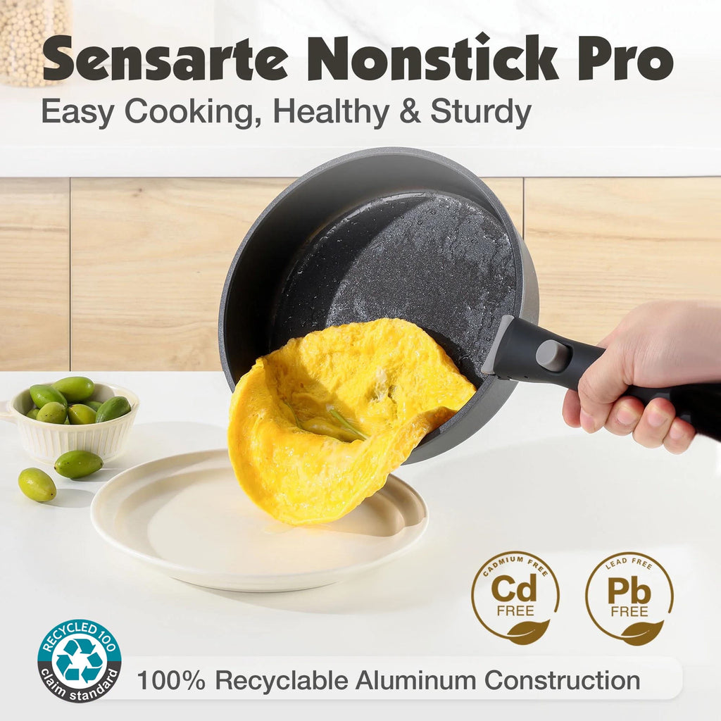 SENSARTE 18-Piece Ceramic Cookware Set with Detachable Handle, Gray Nonstick Pots and Pans Set, Induction Compatible, Dishwasher/Oven Safe, Healthy Cooking Set for RV & Camping