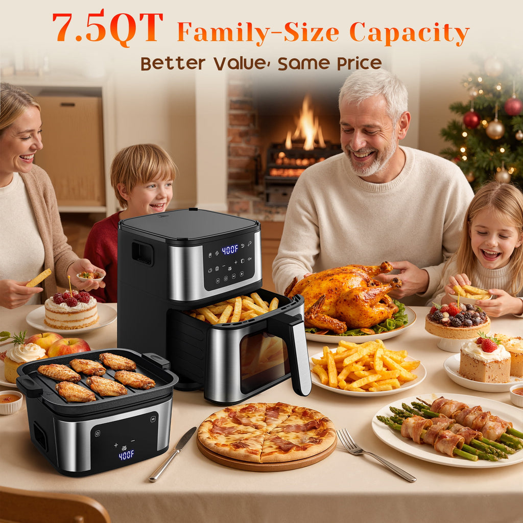 7.5QT XL Air Fryer with Flip-Over Grill, 8 Cooking Presets, Internal Light, 160-400°F, Auto Shutoff, Dishwasher Safe, 100 Paper Liners Included for Easy Cleanup