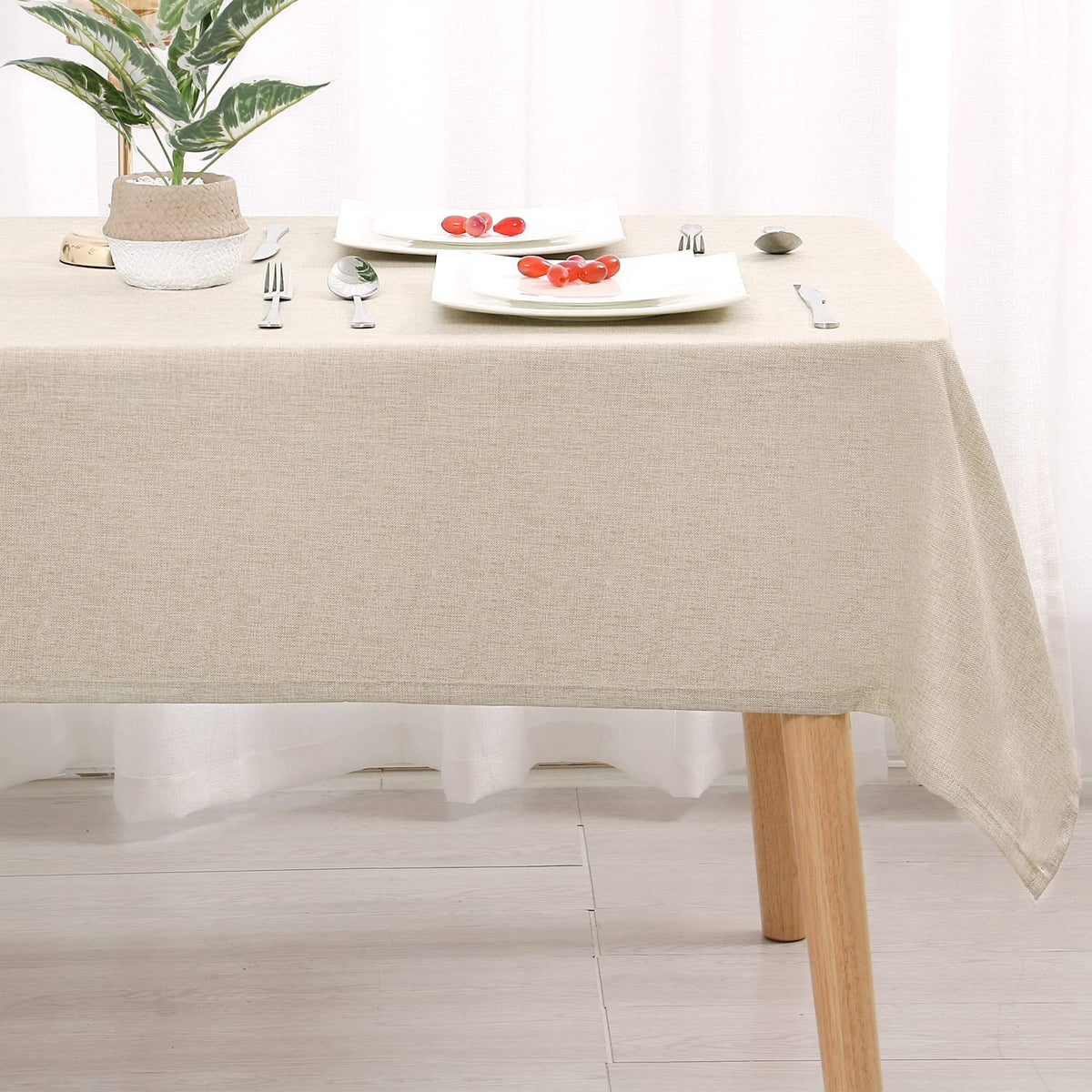 Hiasan Faux Linen Rectangle Tablecloth - Wrinkle and Stain Resistant Washable Tale Cloth for Kitchen Dining Room Holiday Table Cover for Party Dinner, Beige, 60 x 84 Inch
