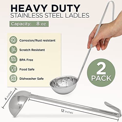 [2 Pack] 6 Oz Stainless Steel Soup Ladle - One-Piece Sauce Spatula with Hook Handles, Commercial Grade Serving Spoon, Kitchen Tool for Restaurant or Home Cooking, Mirror Finish, 14.25" Long