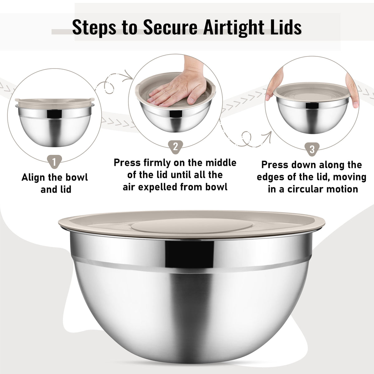 Mixing Bowls with Lids Set of 5, Vesteel Stainless Steel Mixing Bowls Metal Nesting Salad Bowls, Size 4.5, 3, 1.5, 1, 0.7 QT Great for Cooking, Baking, Serving - Multi-Color