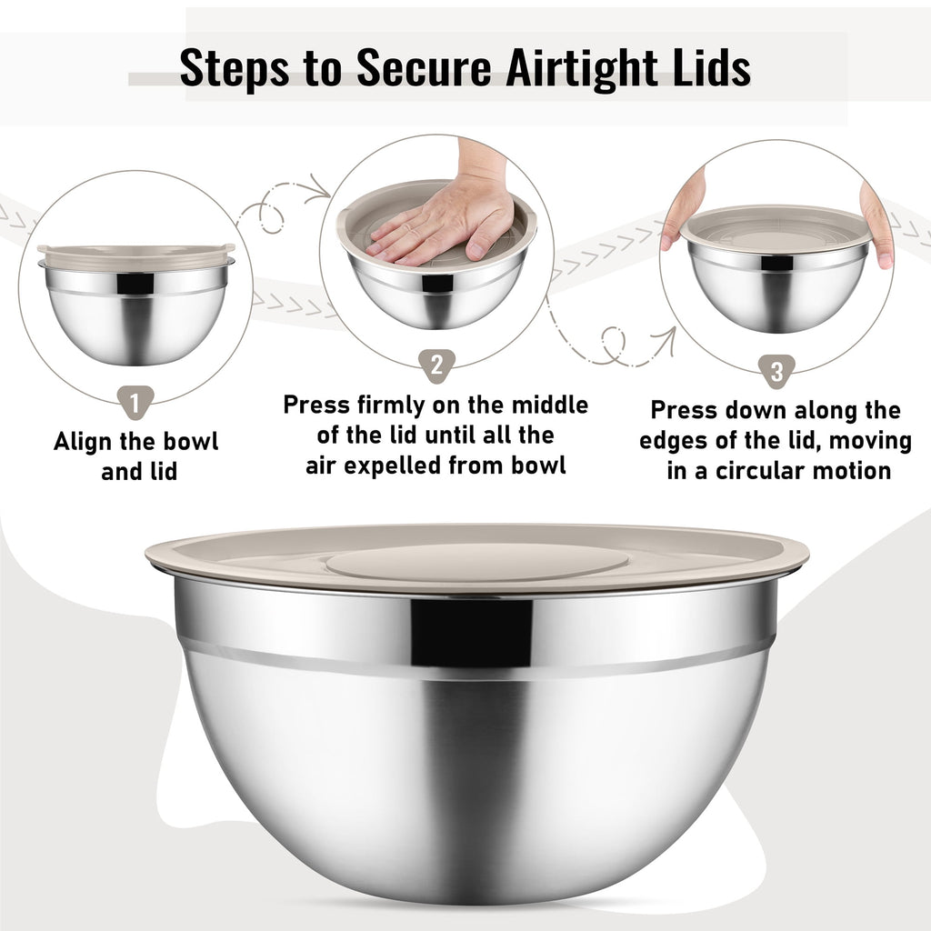 Mixing Bowls with Lids Set of 9, Vesteel Stainless Steel Mixing Bowls Metal Nesting Salad Bowls Attach with 3 Graters for Kitchen Grating/ Shredding, Size 4.6, 2.6, 2, 1.5, 1, 0.7 QT - Multi-Color