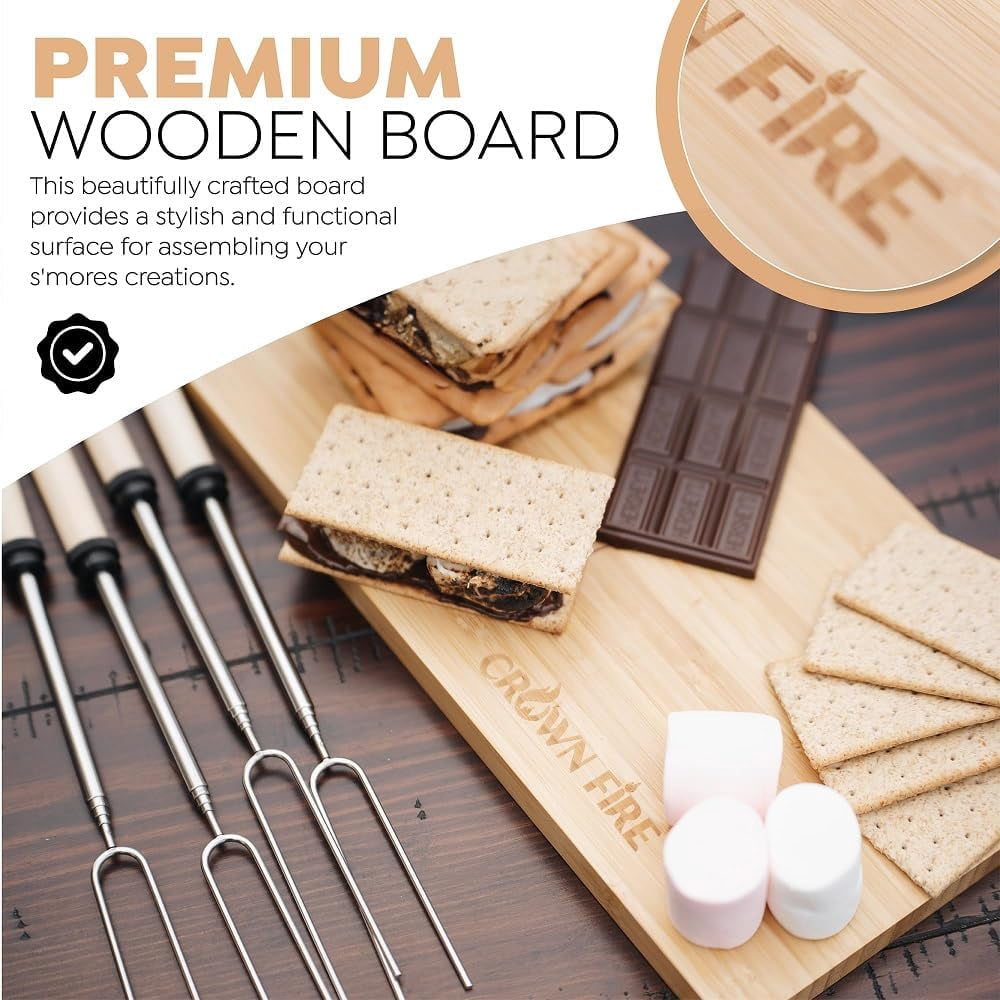 Tabletop S'Mores Maker Kit & Charcuterie Serving Set, Includes 4 Extendable Roasting Sticks, Bamboo Tray, Gift for Houswarmings, Parties and Weddings, Give Fun for Family Night