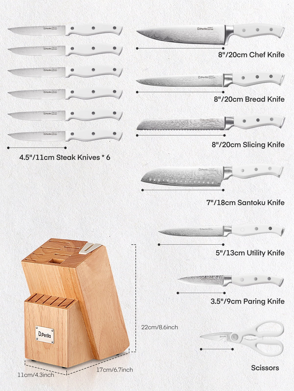 D.Perlla Knife Set, 14 Pcs Kitchen Knives Set with Built-in Sharpener, German Stainless Steel Knife Sets with Block