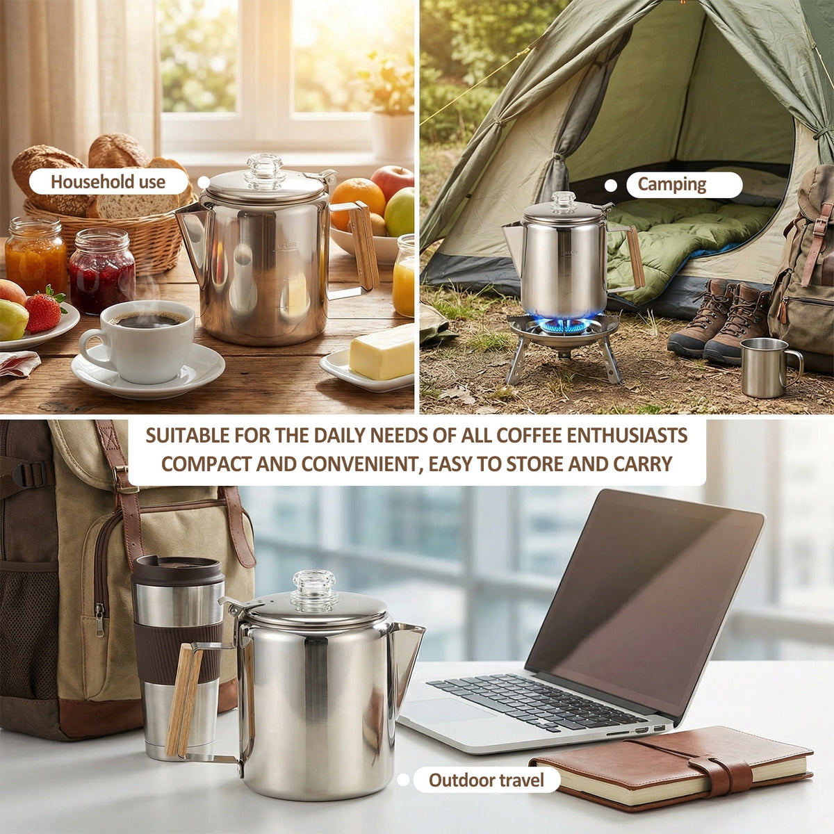 Jetcloudlive Stainless Steel Coffee Percolator 6-Cup Camping Coffee Pot with Glass Knob Portable Percolator Coffee Pot for Campfire or Stove Top Coffee Making