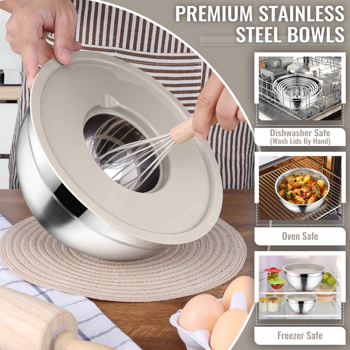 Mixing Bowls with Lids Set of 9, Vesteel Stainless Steel Mixing Bowls Metal Nesting Salad Bowls Attach with 3 Graters for Kitchen Grating/ Shredding, Size 4.6, 2.6, 2, 1.5, 1, 0.7 QT - Multi-Color