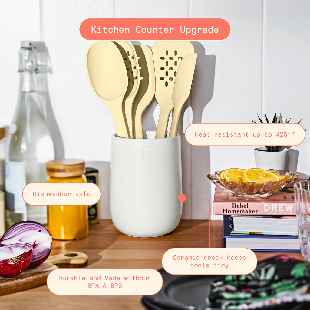 Beautiful 6-Piece Silicone Kitchen Tool Set with Ceramic Crock, Chocolate by Drew Barrymore