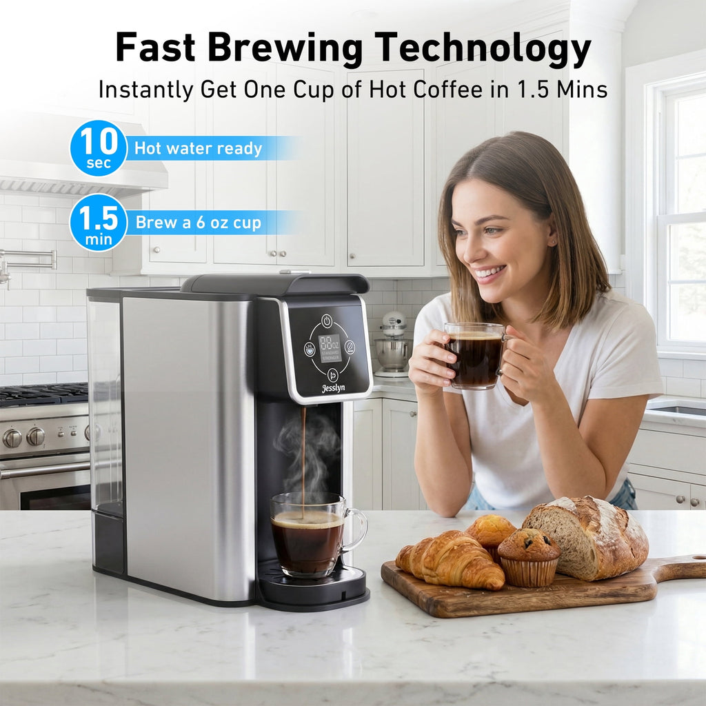 Jesslyn 3 in 1 Single Serve Coffee Maker: K Cup Coffee Machine Compatible with Grounds, Instant Coffee Pot, Tea Maker Brewer - Removable 50 oz Water Reservoir, 120V 1150W, Black