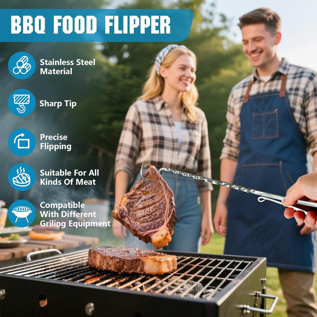 Meat Flipper, Grill Hooks for Turning, Heavy Duty Stainless Steel BBQ Turner Hooks with Long Handle for Flipping Ribs, Pork Shoulder, Roast on Smoker Grilling (Right Hand A)
