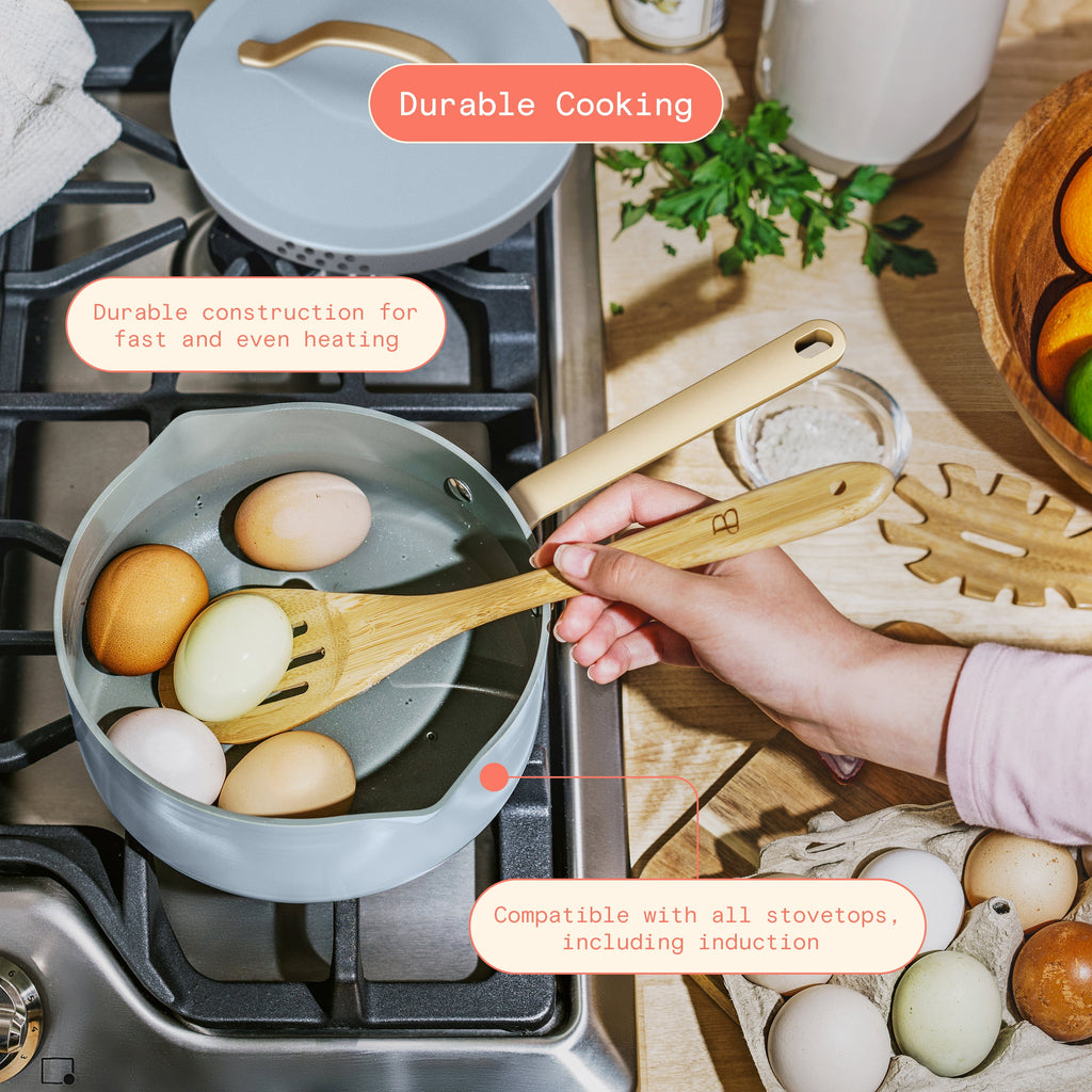 Beautiful 12-Piece Cookware Set, Pots and Pans with Strainer Lids and EverGood Ceramic Nonstick Coating, White Icing by Drew Barrymore