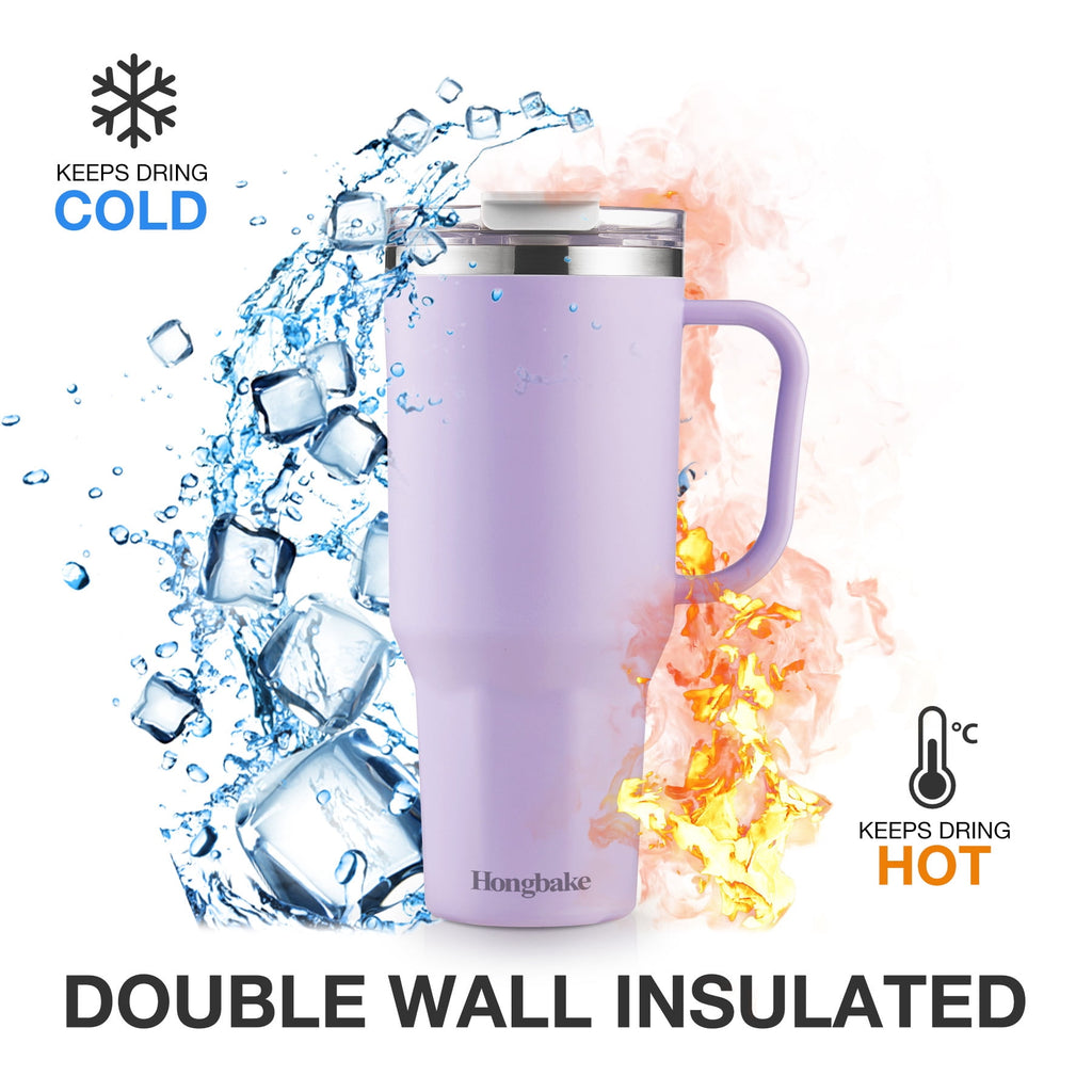 HONGBAKE 40 oz Tumbler with Handle and Straw Lid, Insulated Stainless Steel Tumbler, Travel Mug Fits Cup Holder, Dusty Lavender