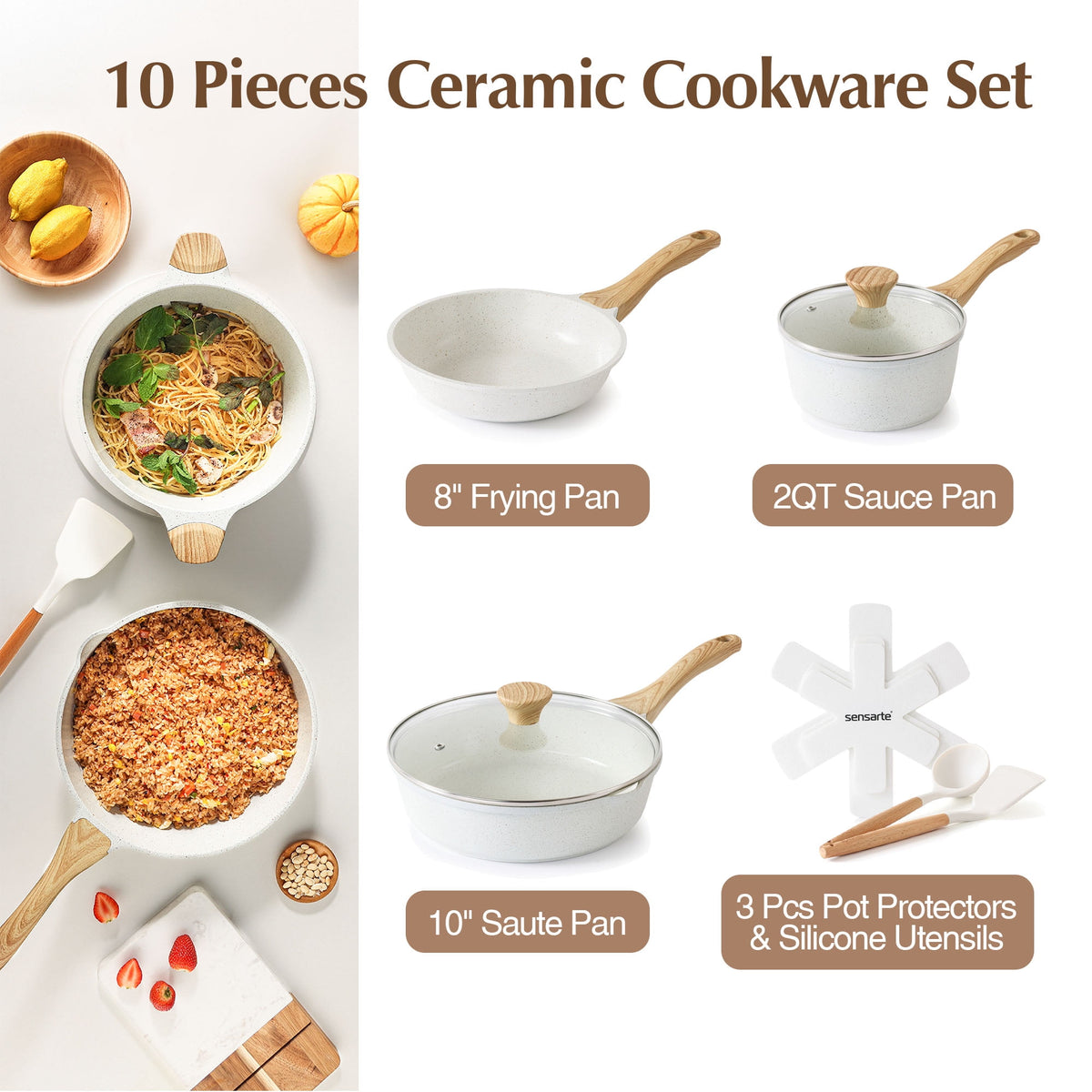 SENSARTE Ceramic Nonstick Pots and Pans Set, 10Pcs Healthy Non Stick Cookware Set with Pots Protectors, Induction Kitchen Cookware Sets, Dishwasher Safe White