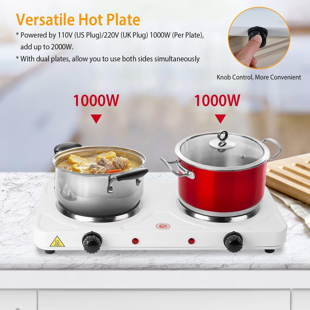 Electric Countertop Double Burner for Cooking, Portable 2000W Countertop Cast Iron Stove Burner, Hot Plate Temperature Controls with 5 Adjustable for RV/Home/Camp, Black