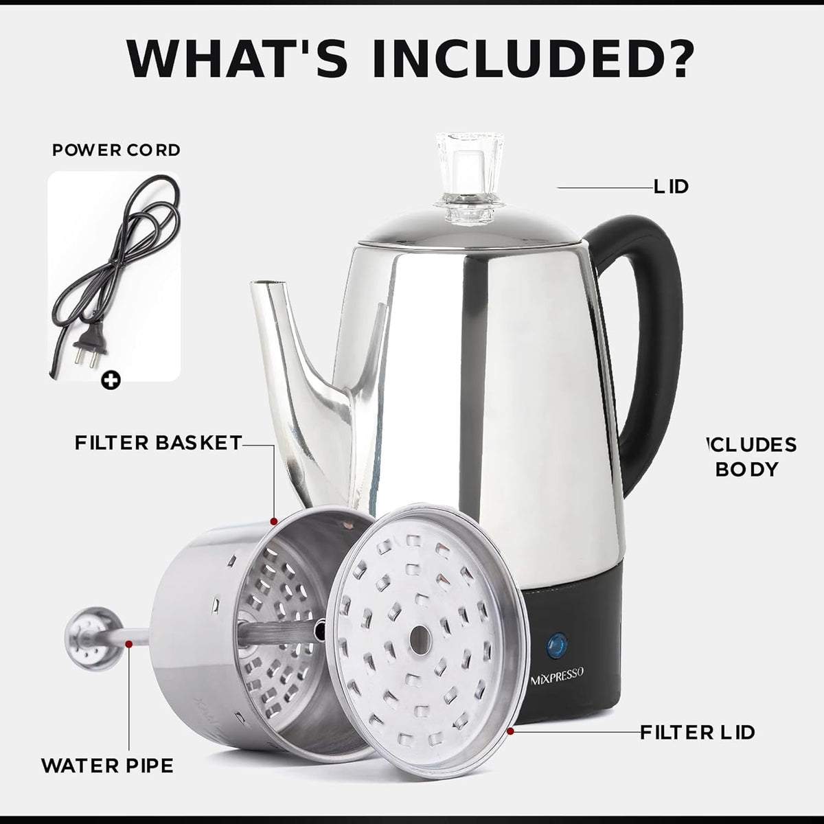 Mixpresso Percolator Coffee Pot Electric 10 Cup, Stainless Steel Coffee Maker, Coffee Percolator Electric With Keep Warm Function, 10 Cups Stainless Steel Perculator With Basket (Shiny Blue)