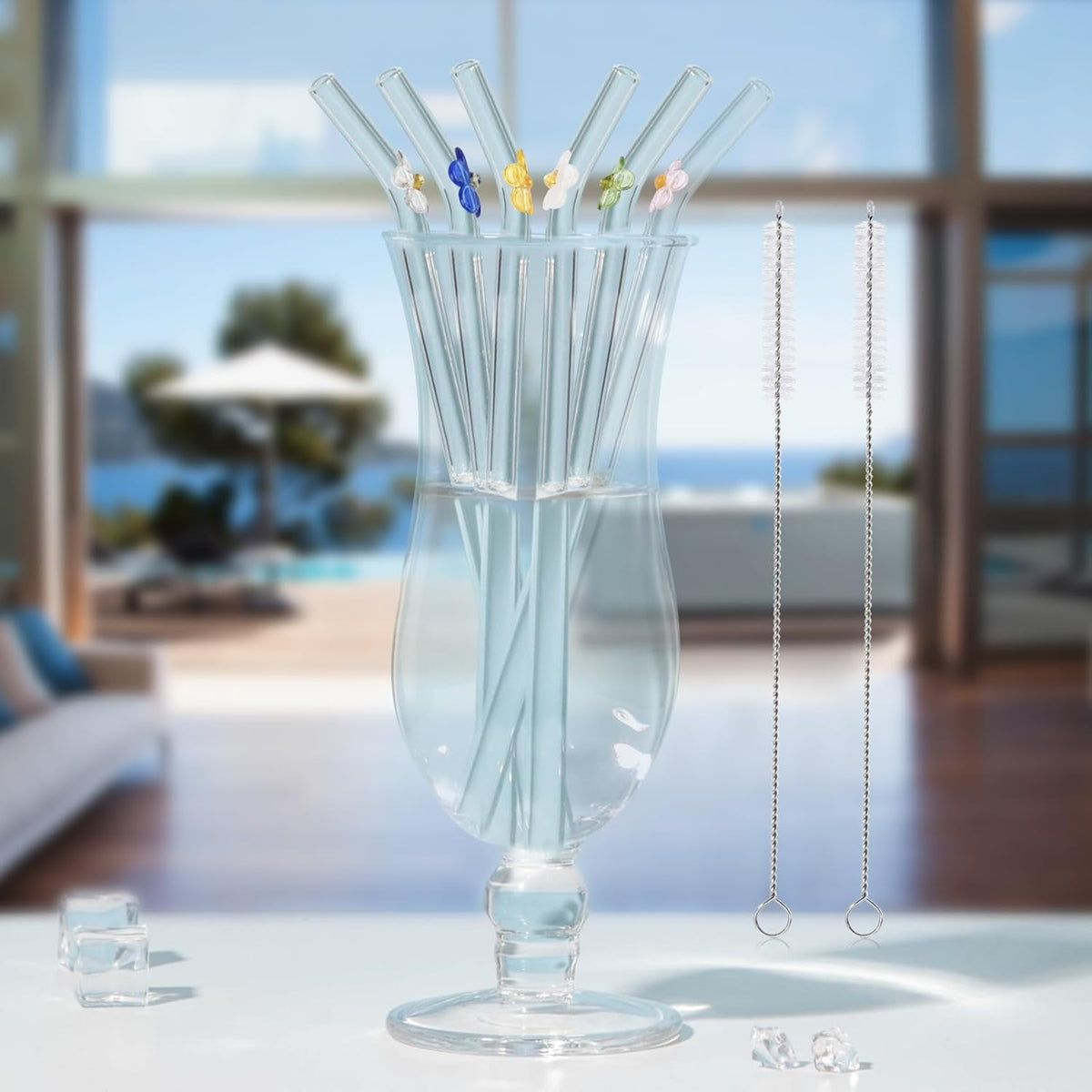 6 Pack Reusable Glass Straws Shatter Resistant, Cute Clear Glass Straw for Smoothie, Cocktail, Juice
