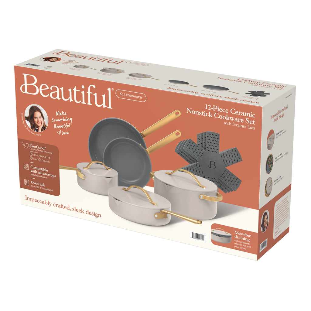 Beautiful 12-Piece Cookware Set, Pots and Pans with Strainer Lids and EverGood Ceramic Nonstick Coating, White Icing by Drew Barrymore