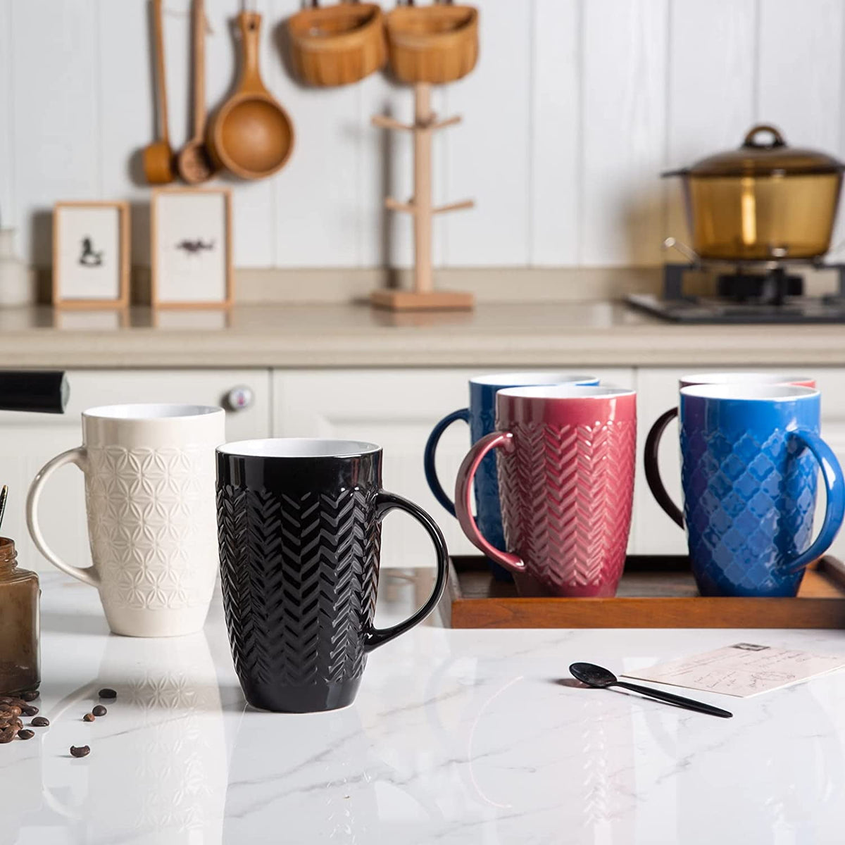 AmorArc Extra Large Coffee Mugs Set of 6, 20oz Ceramic Tall Coffee Mugs Set with Textured Geometric Patterns for Coffee/Tea/Beer/Hot Cocoa, Dishwasher & Microwave Safe,Beige