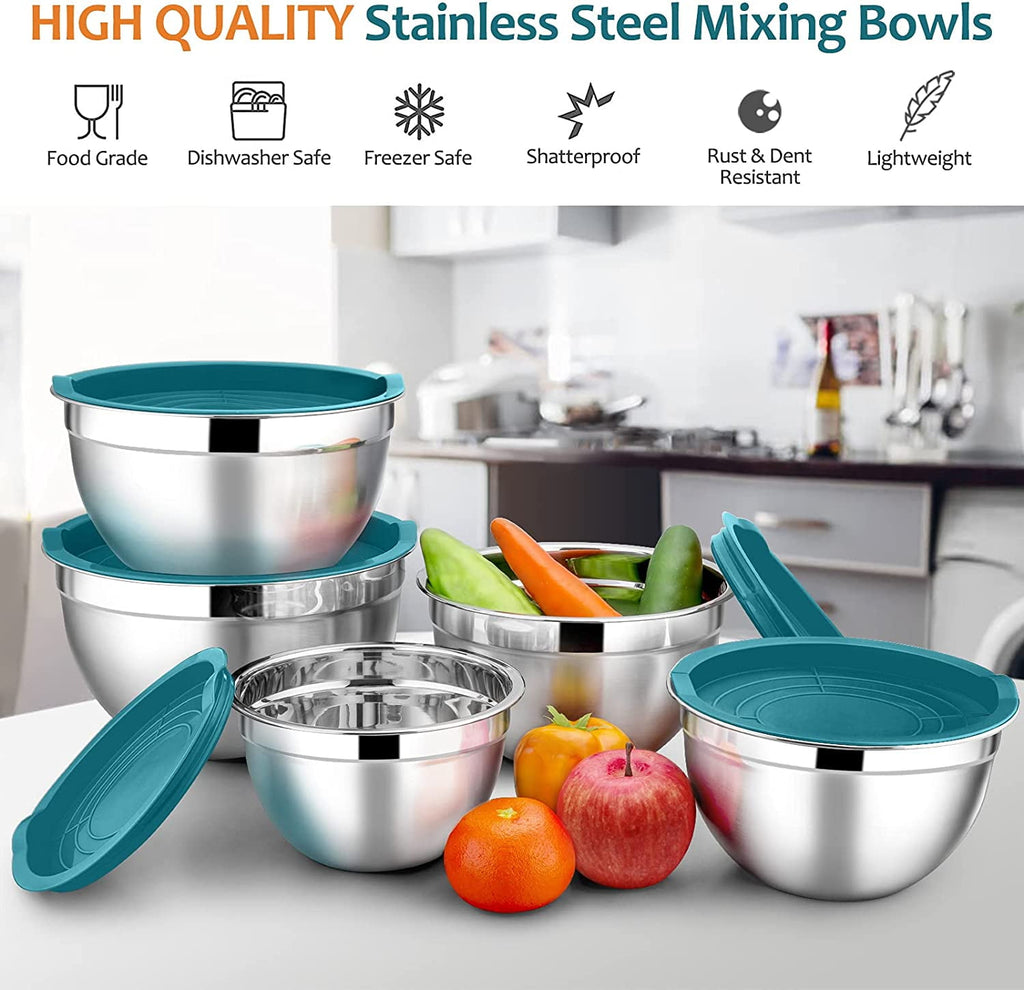 Mixing Bowls with Lids Set of 5, Vesteel Stainless Steel Mixing Bowls Metal Nesting Salad Bowls, Size 4.5, 3, 1.5, 1, 0.7 QT Great for Cooking, Baking, Serving - Multi-Color