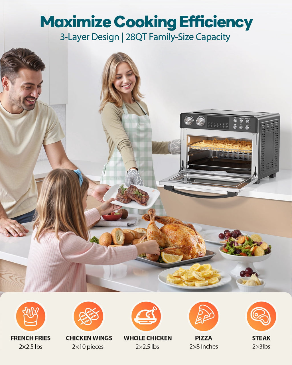 Air Fryer Toaster Oven Combo, 28Quart 12-in-1 Extra Large Countertop Convection Oven with LED Display, Toast, Roast, Bake, Reheat, Broil & Steam , 7 Accessories+Recipe, Stainless Steel