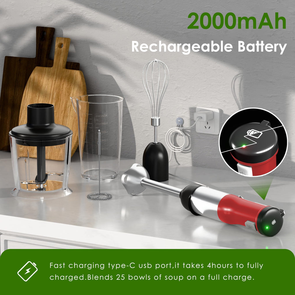 WHALL Cordless Immersion Blender, Rechargeable 5-in-1 Hand Blender with Whisk, Milk Frother Attachments, Portable Stick mixed,700ml Beaker, 500ml Chopper