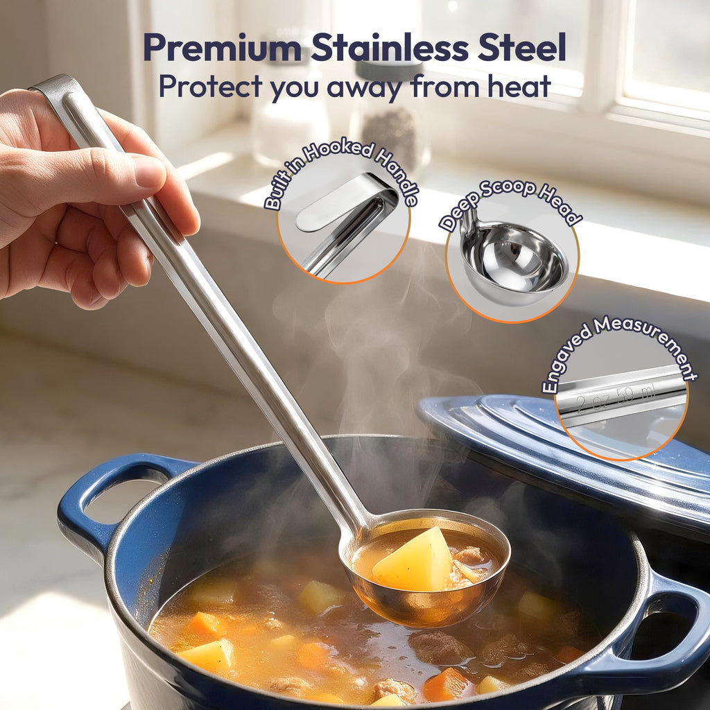 [2 Pack] 6 Oz Stainless Steel Soup Ladle - One-Piece Sauce Spatula with Hook Handles, Commercial Grade Serving Spoon, Kitchen Tool for Restaurant or Home Cooking, Mirror Finish, 14.25" Long