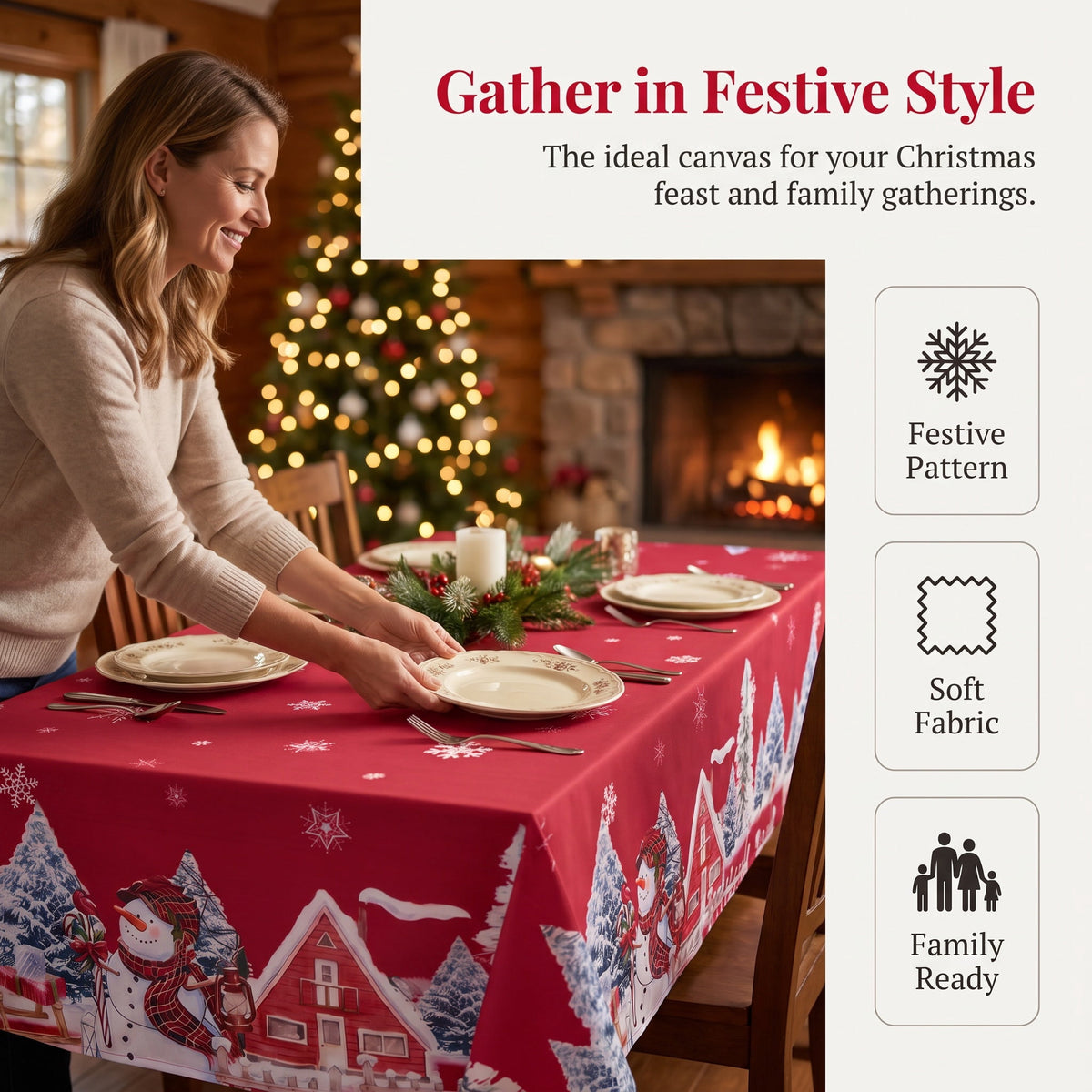 LUSHVIDA Christmas Tablecloth Rectangle, Winter Snowman House Christmas Trees Red Washable Table Cover for Party Picnic Dinner Decor, 60" x 84"