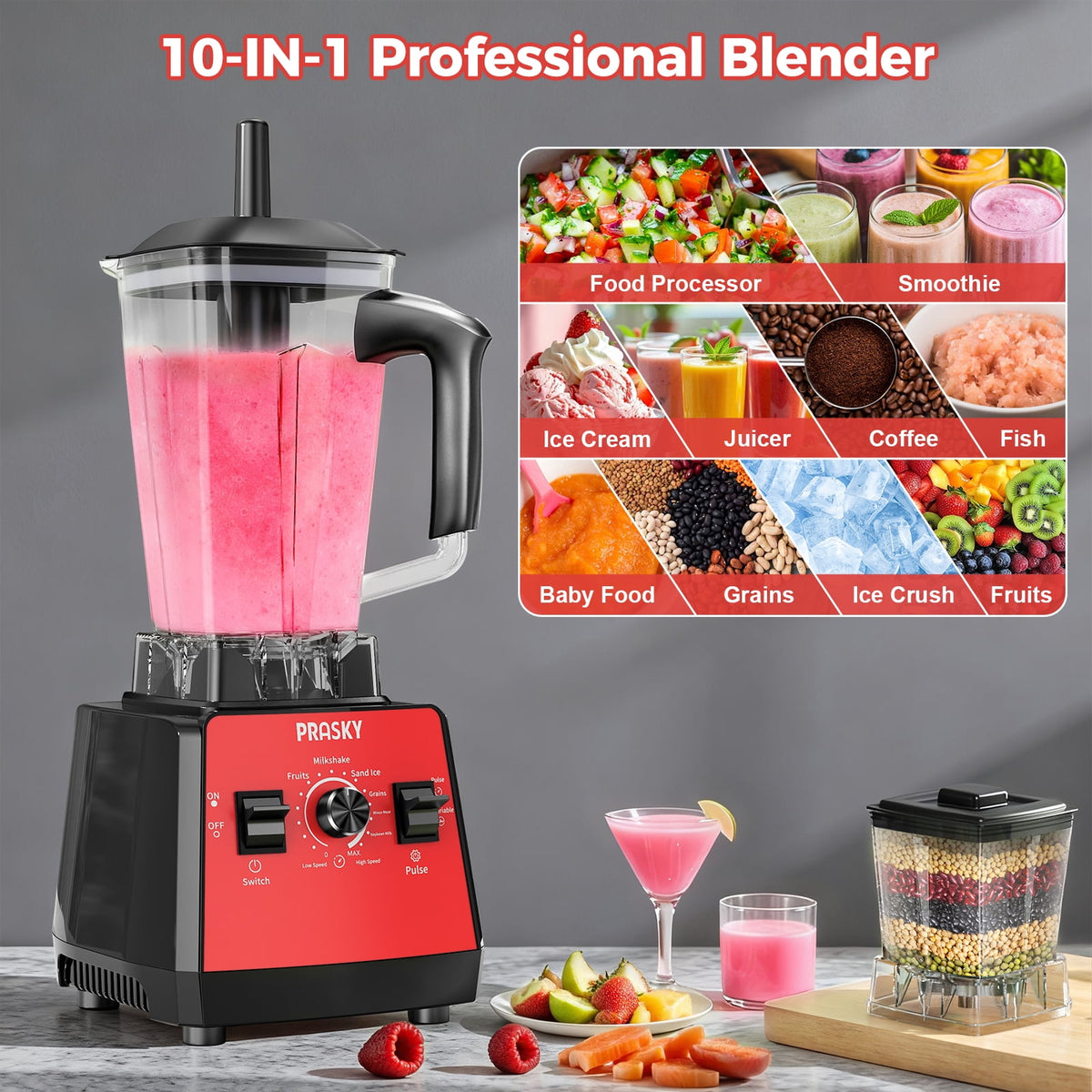 PRASKY Countertop Blender, 2-in-1 Professional Blender, 68oz Capacity 1000W 6 Speeds Blender for Kitchen with 25oz to-go Cup (Black)