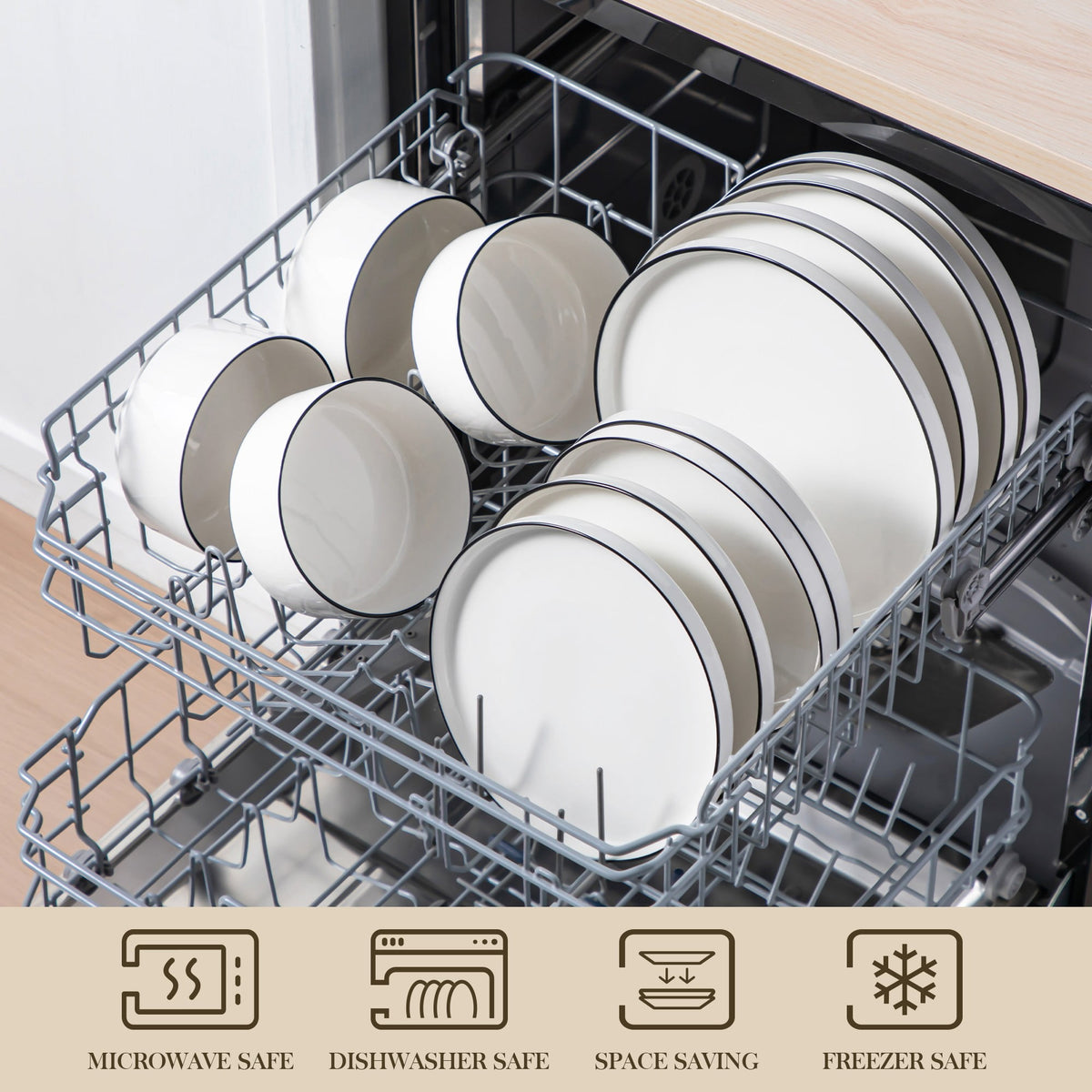 Vancasso 12 Pcs Dinnerware Sets, Plates and Bowls Set for 4, Ceramic Dinner Set, Scratch Resistant, White